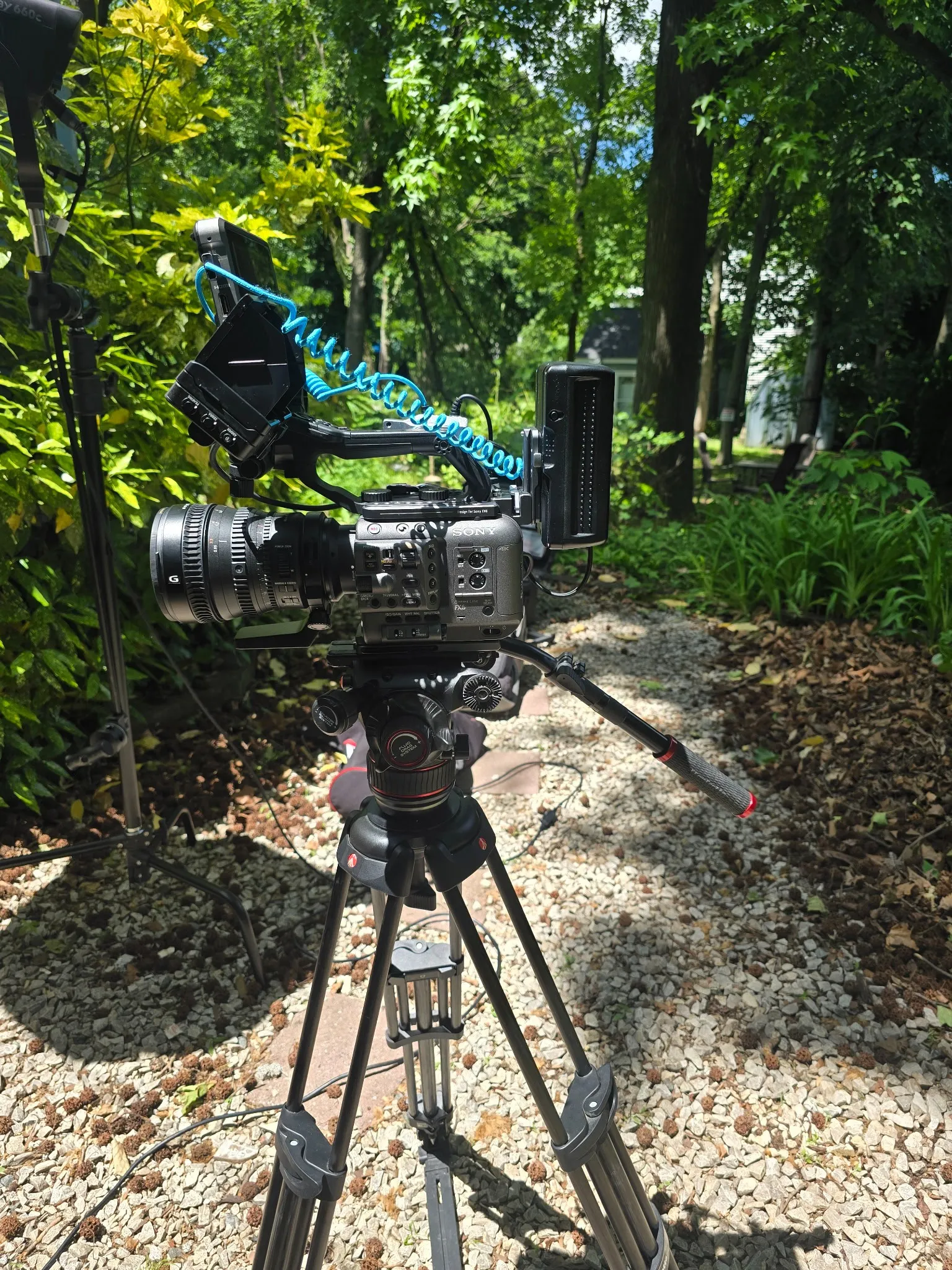 Sony cinema camera rig set up outdoors on a tripod